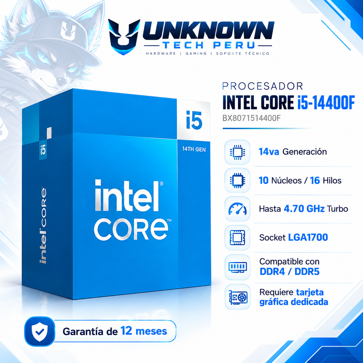PROCESADOR INTEL CORE I5 14400F (  BX8071514400F ) | 14va GEN | 2.50GHz - 4.70GHz MAX | 20MB - 10N - 16H | SIN GRAFICOS UHD 730 | C/ COOLER | 65W - 148W MAX | PCIe 5.0 | LGA1700