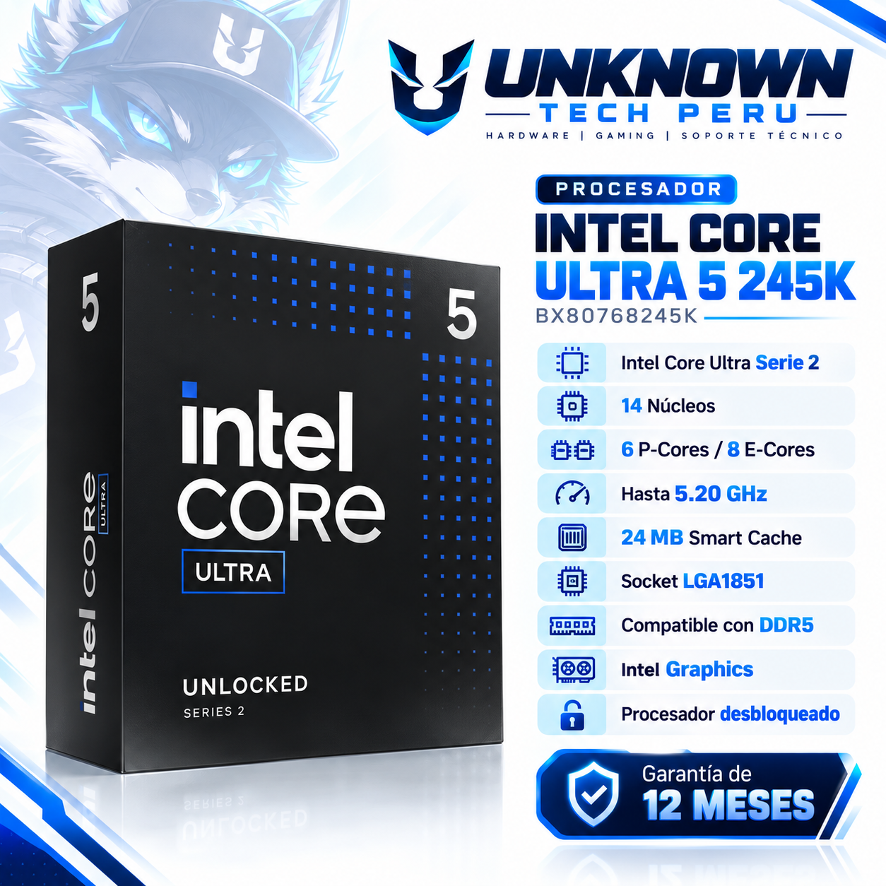 PROCESADOR INTEL CORE ULTRA 5 245K ( BX80768245K ) | GEN ULTRA SERIES 2 | 3.60GHz - 5.20GHz MAX | 26MB - 14N - 14H | CON GRAFICOS INTEL Xe | S/ COOLER | 125W - 159W MAX | PCIe 5.0 | LGA 1851