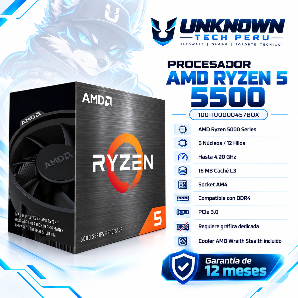 PROCESADOR AMD RYZEN 5 5500 ( 100-100000457BOX ) | SERIES 5000 | ZEN 3 | 3.60GHz - 4.20GHz MAX | 16MB - 6N - 12H | Sin Radeon Graphic  | C/ COOLER | 45W - 65W MAX | PCIe 3.0 | AM4