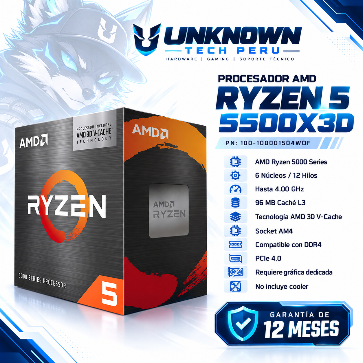 PROCESADOR AMD RYZEN 5 5500X3D ( 100-100001504WOF ) | SERIES 5000 | ZEN 3 | 3.60GHz - 4.20GHz MAX | 96MB - 6N - 12H | Sin Radeon Graphic | C/ COOLER | 105W - 165W MAX | PCIe® 4.0 | AM4