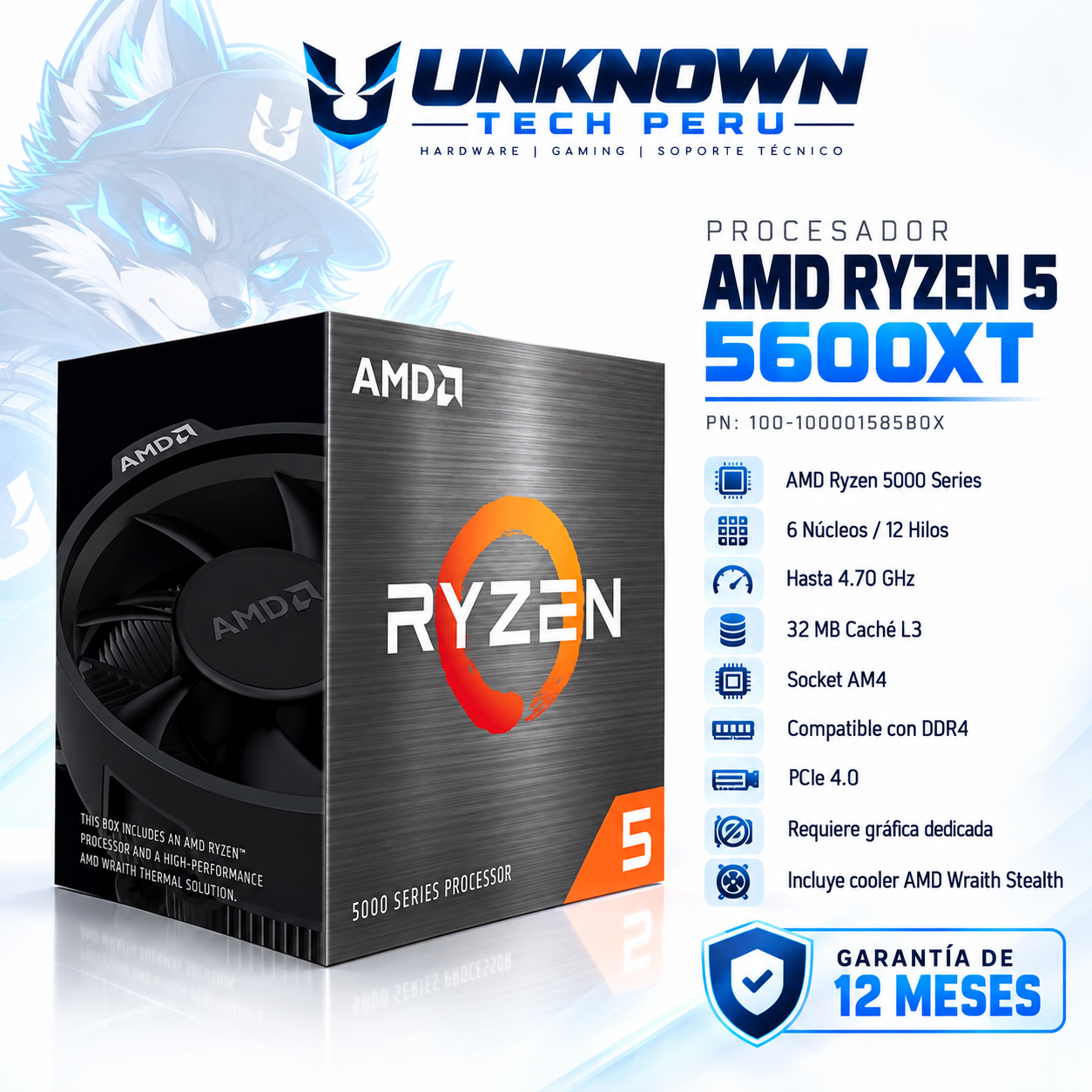 PROCESADOR AMD RYZEN 5 5600XT ( 100-100001585BOX ) | SERIES 5000 | ZEN 3 | 3.70GHz - 4.60GHz MAX | 32MB - 6N - 12H | Sin Radeon Graphic | C/ COOLER | 65W - 95W MAX | PCIe® 4.0 | AM4