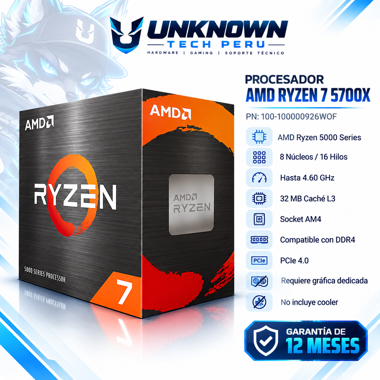 PROCESADOR AMD RYZEN 7 5700X ( 100-100000926WOF ) | SERIES 5000 | ZEN 3 | 3.40GHz - 4.60GHz MAX | 32MB - 8N - 16H | Sin Radeon Graphic | S/ COOLER | 65W - 95W MAX | PCIe® 4.0 | AM4