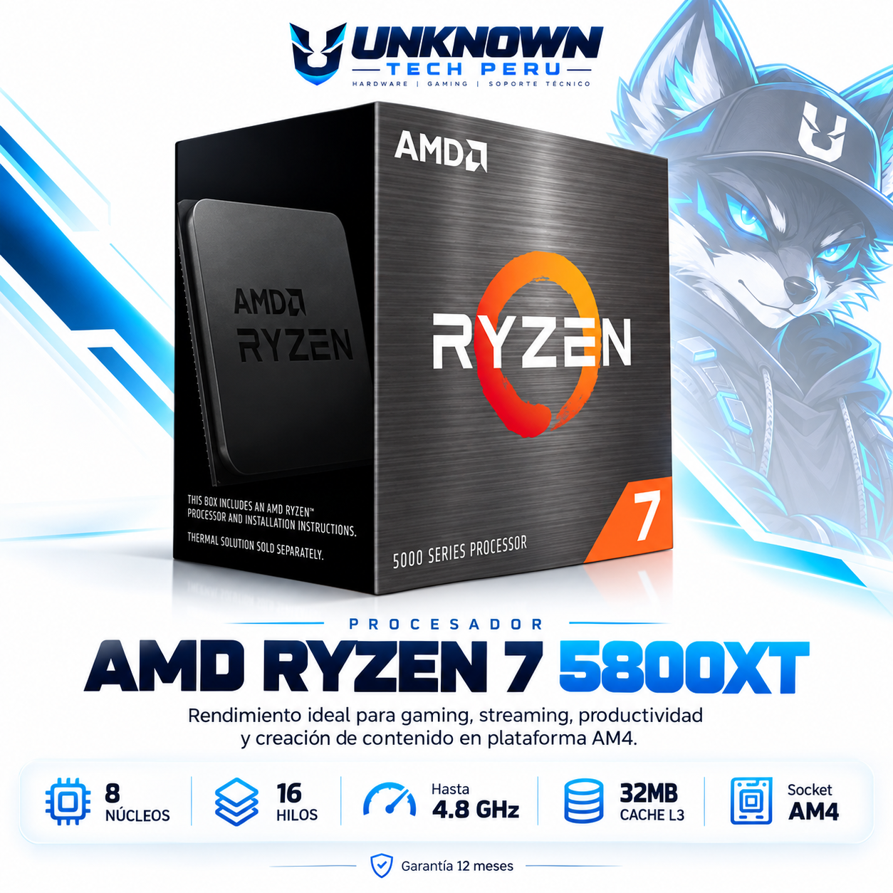 PROCESADOR AMD RYZEN 7 5800XT ( 100-100001582WOF ) | SERIES 5000 | ZEN 3 | 3.80GHz - 4.80GHz MAX | 32MB - 8N - 16H | Sin Radeon Graphic  | S/ COOLER | 105W - 165W MAX | PCIe® 4.0 | AM4