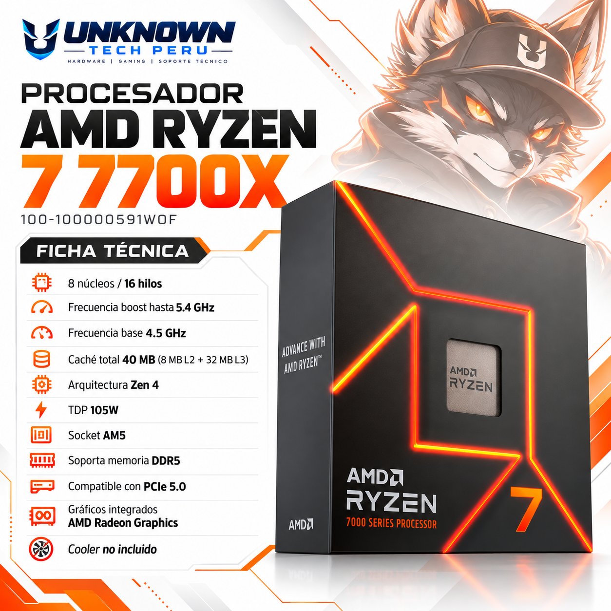 PROCESADOR AMD RYZEN 7 7700X ( 100-100000591WOF ) | SERIES 7000 |  ZEN 4 | 4.50GHz - 5.40GHz MAX | 32MB - 8N - 16H | Radeon Graphics (Raphael)  | S/ COOLER | 105W - 155W MAX | PCIe® 4.0 | AM5