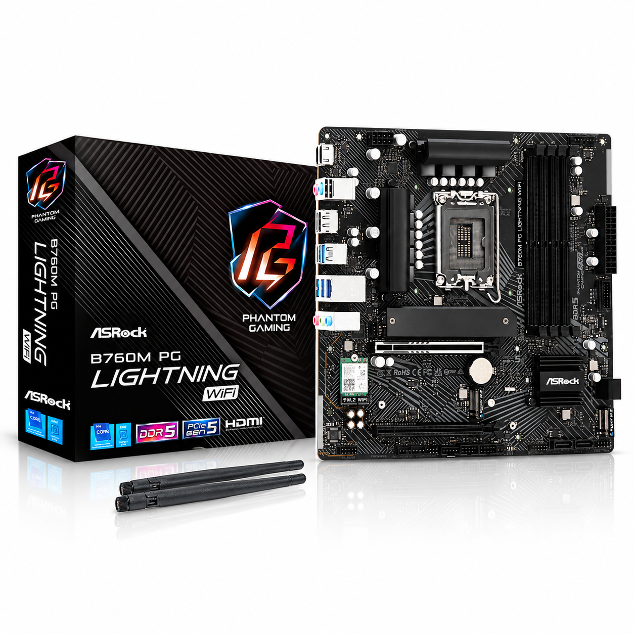 MOTHERBOARD INTEL ASROCK B760M PG LIGHTNING WIFI D5 ( 90-MXBMT0-A0UAYZ ) | WIFI 6E | DDR5 | 4 SLOT RAM - 192GB MAX / 7200MHZ | MICRO ATX | 3 SLOT M.2 | LGA 1700