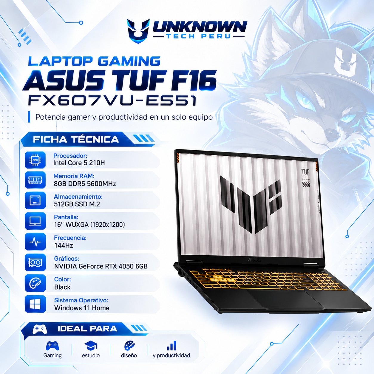 LAPTOP GAMING ASUS TUF F16 FX607VU-ES51 GAMING INTEL CORE 5 210H | 512GB SSD M.2 | 8GB RAM DDR5 5600MHZ | 16" WUXGA (1920X1200) | 144HZ | NVIDIA RTX 4050 6GB | COLOR BLACK  | WIN11 HOME | TECLADO INGLES
