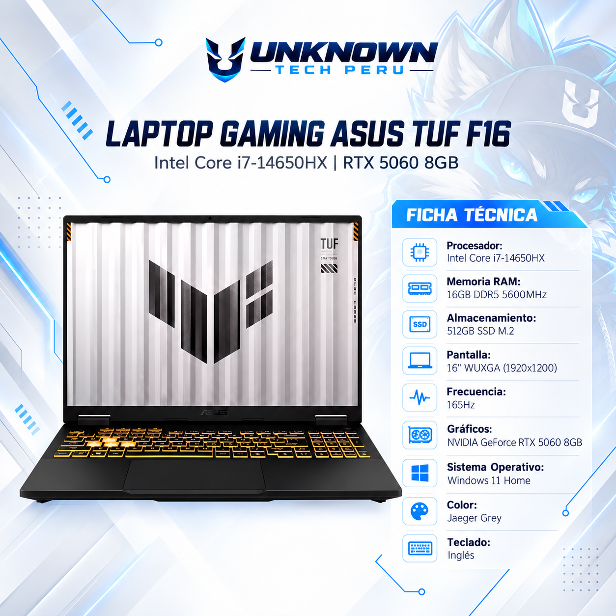 LAPTOP GAMING ASUS TUF F16 GAMING Intel Core i7-14650HX | 512GB SSD M.2 | 16GB RAM DDR5 5600MHZ | 16" WUXGA (1920x1200) | 165Hz |  NVIDIA RTX 5060 8GB | WIN 11 HOME | COLOR JAEGAR GREY | TECLADO INGLES