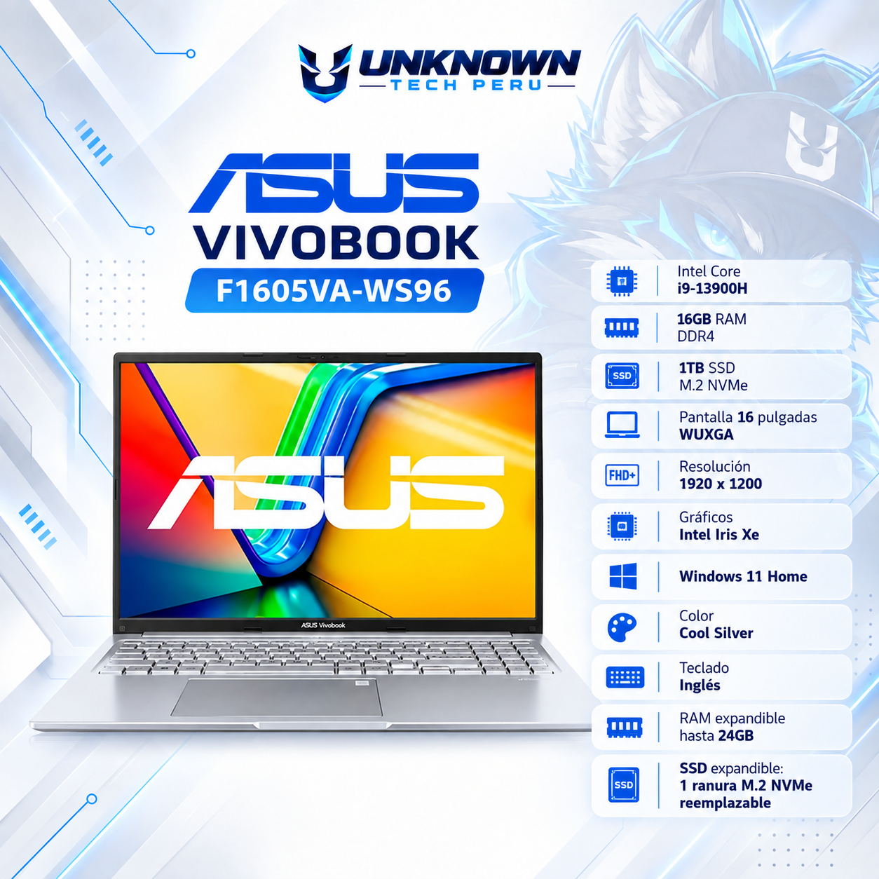 LAPTOP ASUS VIVOBOOK F1605VA-WS96 INTEL CORE I9-13900H | 1TB SSD M.2 | 16GB RAM DDR4 |  16" WUXGA (1920X1080) | Intel Iris Xe Graphics | WIN 11 HOME |  COLOR COOL SILVER | TECLADO INGLES 