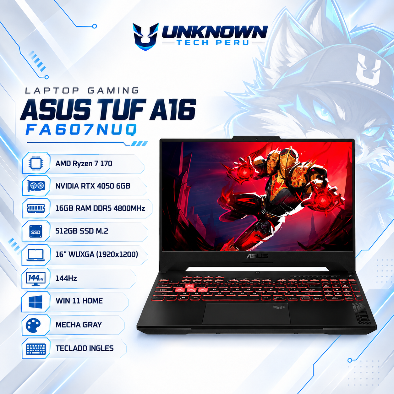 LAPTOP GAMING ASUS TUF A16 FA607NUQ GAMING AMD Ryzen™ 7 170 | 512GB SSD M.2 | 16GB RAM DDR5 4800MHz | 16" WUXGA (1920x1200) | 144Hz | WIN 11 HOME | NVIDIA® RTX 4050 6GB |  MECHA GRAY | TECLADO INGLES
