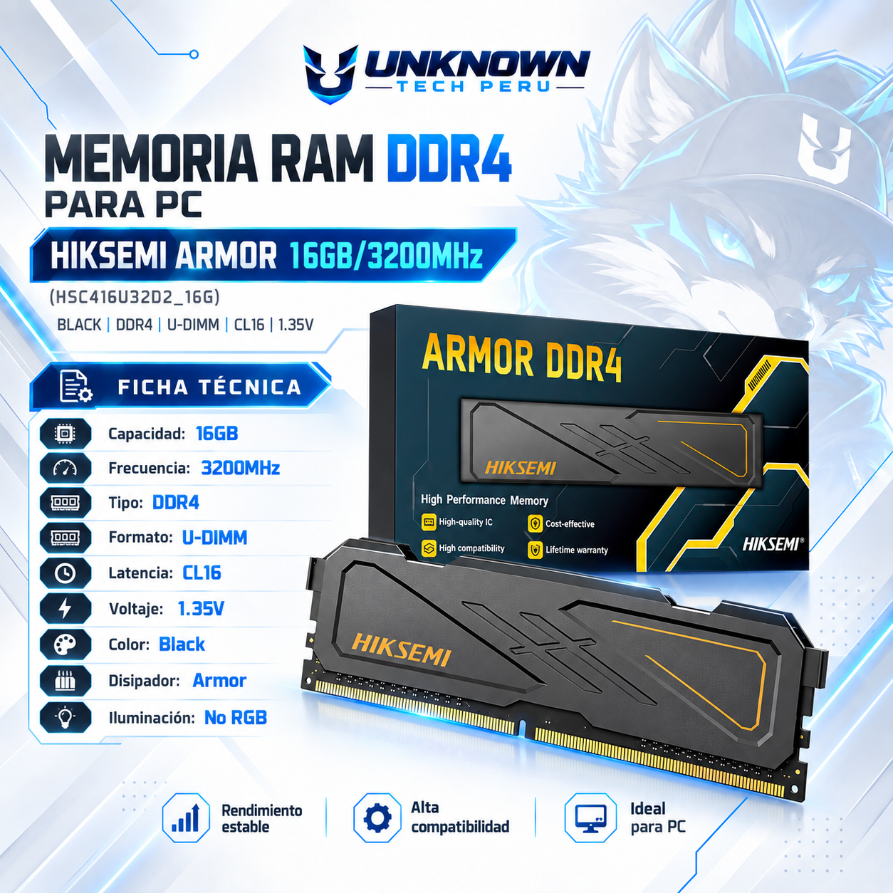 MEMORIA RAM DRR4 PARA PC HIKSEMI ARMOR 16GB/3200MHz ( HSC416U32D2_16G ) | BLACK | DDR4 | U-DIMM | CL 16 | 1.35v |