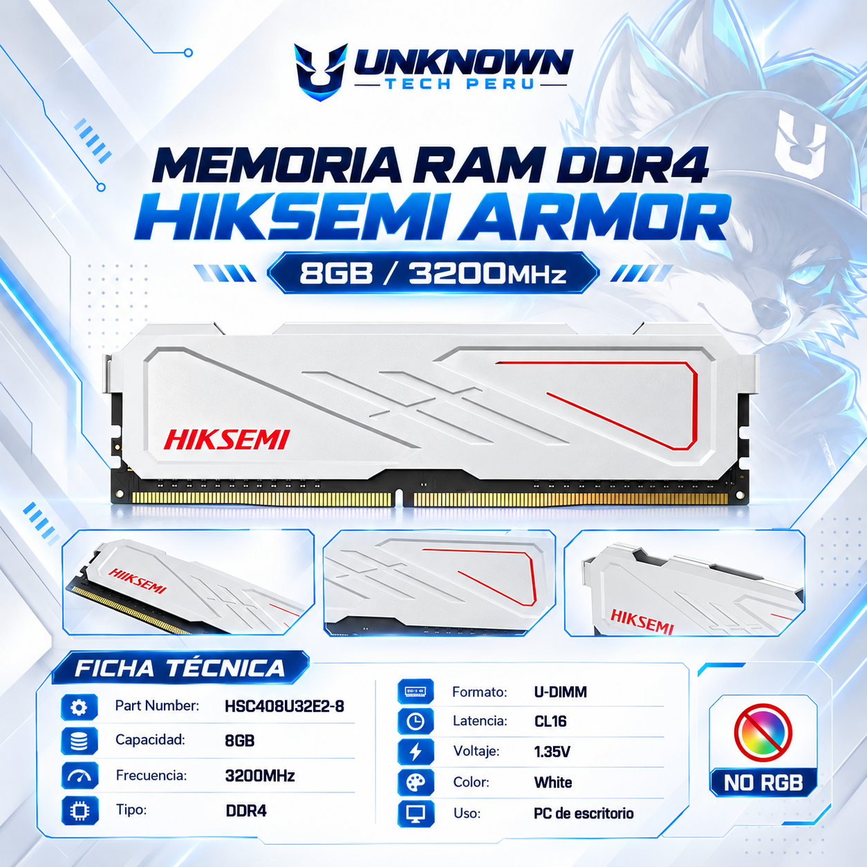 MEMORIA RAM DRR4 PARA PC HIKSEMI ARMOR 8GB/3200MHz (HSC408U32E2-8 ) | WHITE | DDR4 | U-DIMM | CL 16 | 1.35v |