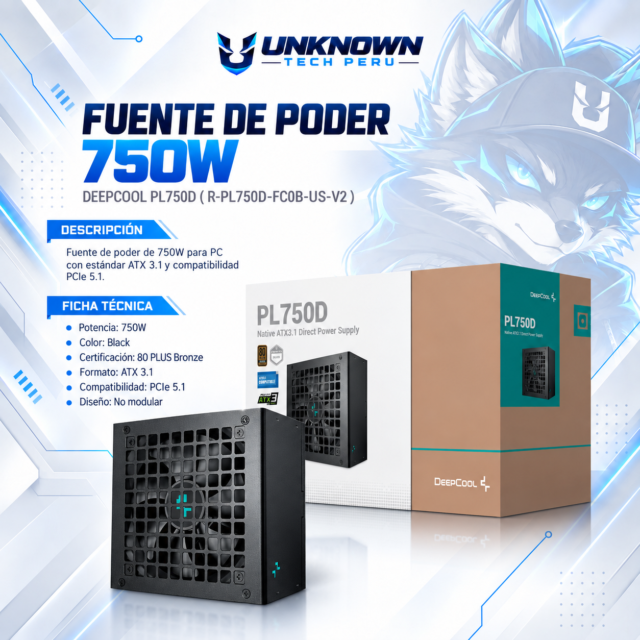 FUENTE DE PODER 750W | DEEPCOOL PL750D ( R-PL750D-FC0B-US-V2 ) | BLACK | 80 PLUS BRONZE | ATX 3.1 | PCIe 5.1 | NO MODULAR |