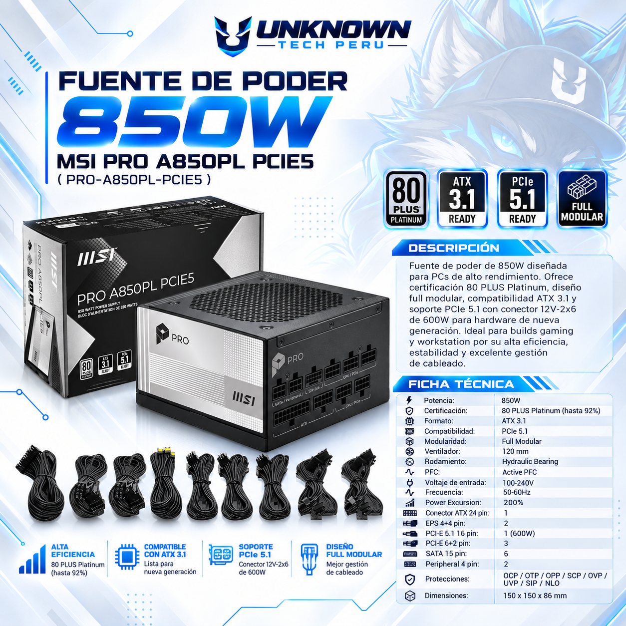 FUENTE DE PODER 850W | MSI PRO A850PL PCIE5 ( PRO-A850PL-PCIE5 ) | BLACK | 80 PLUS PLATINUM | ATX 3.1 | PCIe 5.1 | FULL MODULAR |