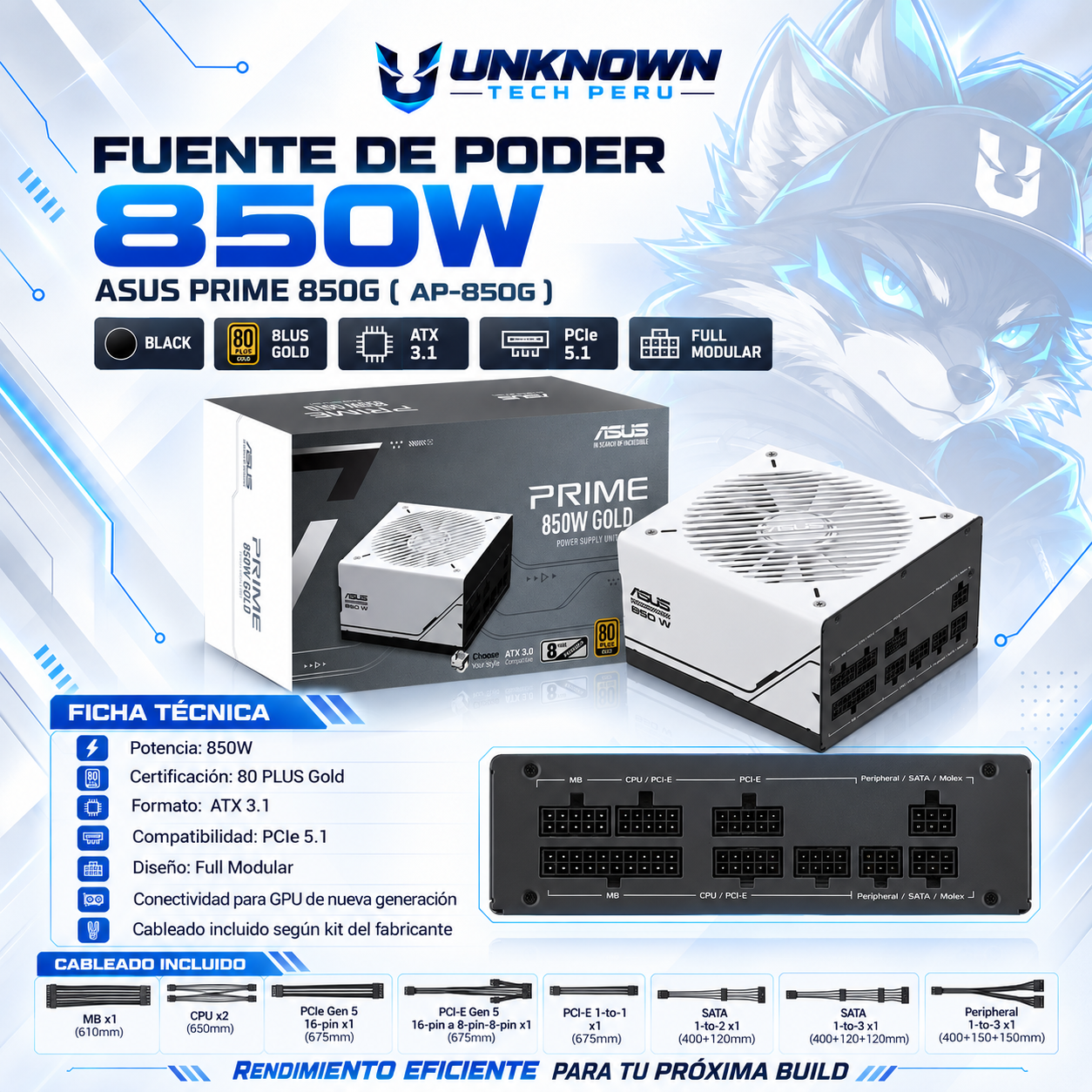 FUENTE DE PODER 850W | ASUS PRIME 850G ( AP-850G ) | BLACK | 80 PLUS GOLD | ATX 3.1 | PCIe 5.1 | FULL MODULAR |