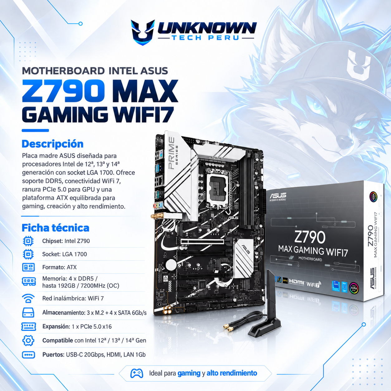 MOTHERBOARD INTEL ASUS Z790 MAX GAMING WIFI7 ( Z790 MAX GAMING WIFI7 ) | WIFI 7 | DDR5 | 4 SLOT RAM - 192GB MAX / 7200MHZ | ATX | 3 SLOT M.2 | LGA 1700