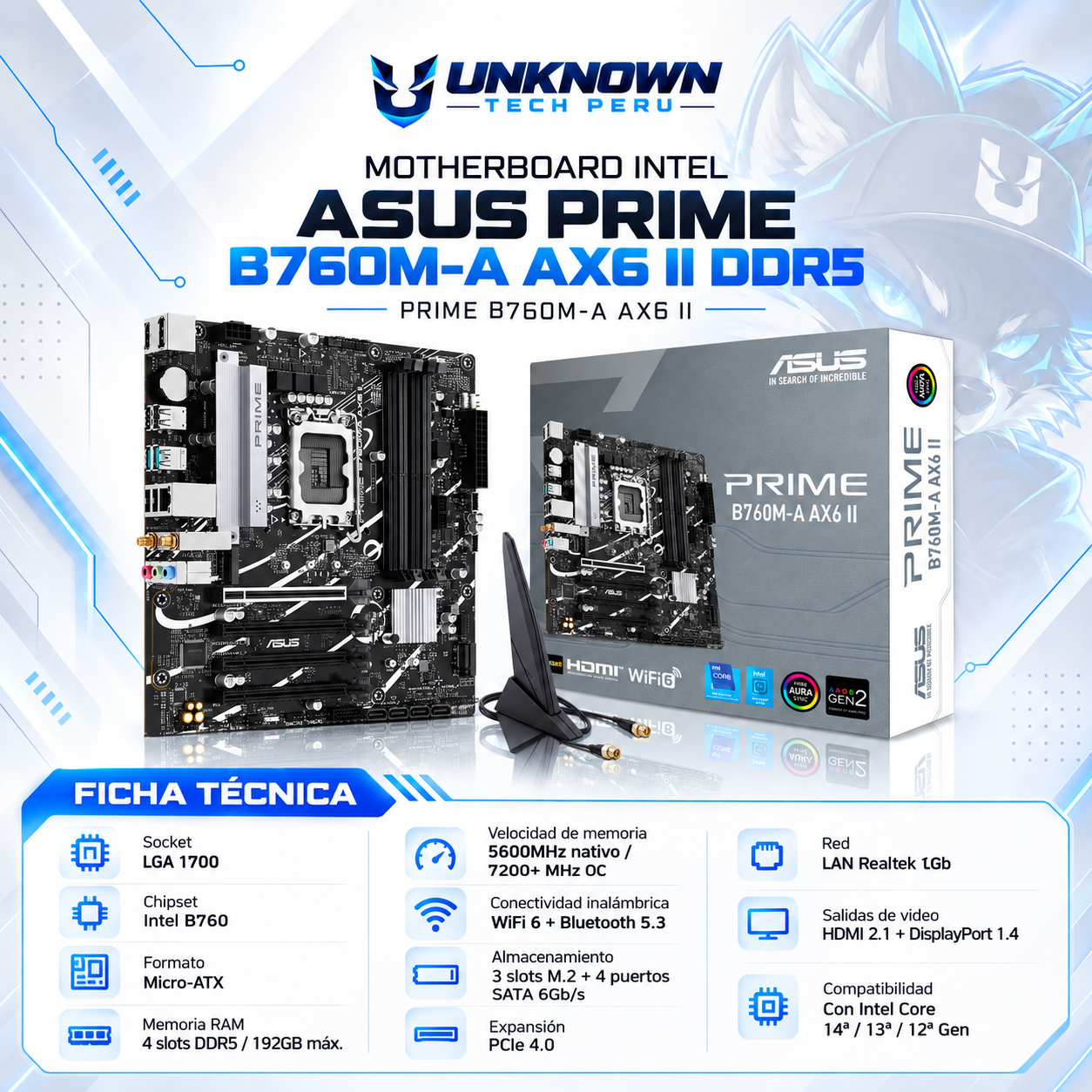 MOTHERBOARD INTEL ASUS PRIME B760M-A AX6 II DDR5 ( PRIME B760M-A AX6 II ) | WIFI 6 | DDR5 | 4 SLOT RAM - 192GB MAX / 5600MHZ | MICRO ATX | 2 SLOT M.2 | LGA 1700