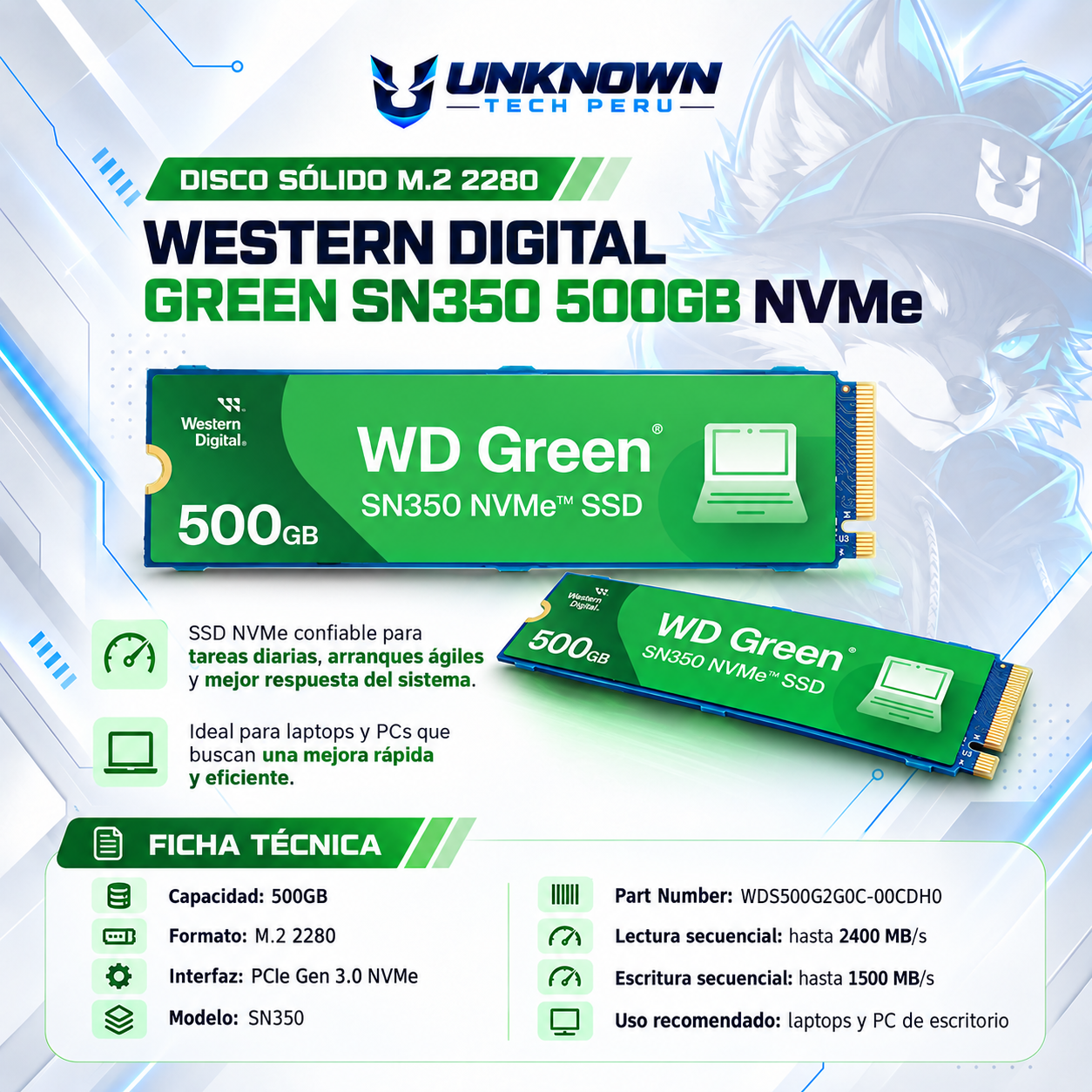 DISCO SOLIDO M.2 2280 WESTERN DIGITAL GREEN SN350 500GB NVMe ( WDS500G2G0C-00CDH0 ) | SN350 | LECTURA 2400MB/s - ESCRITURA 1500MB/s | PCIe GEN 3.0