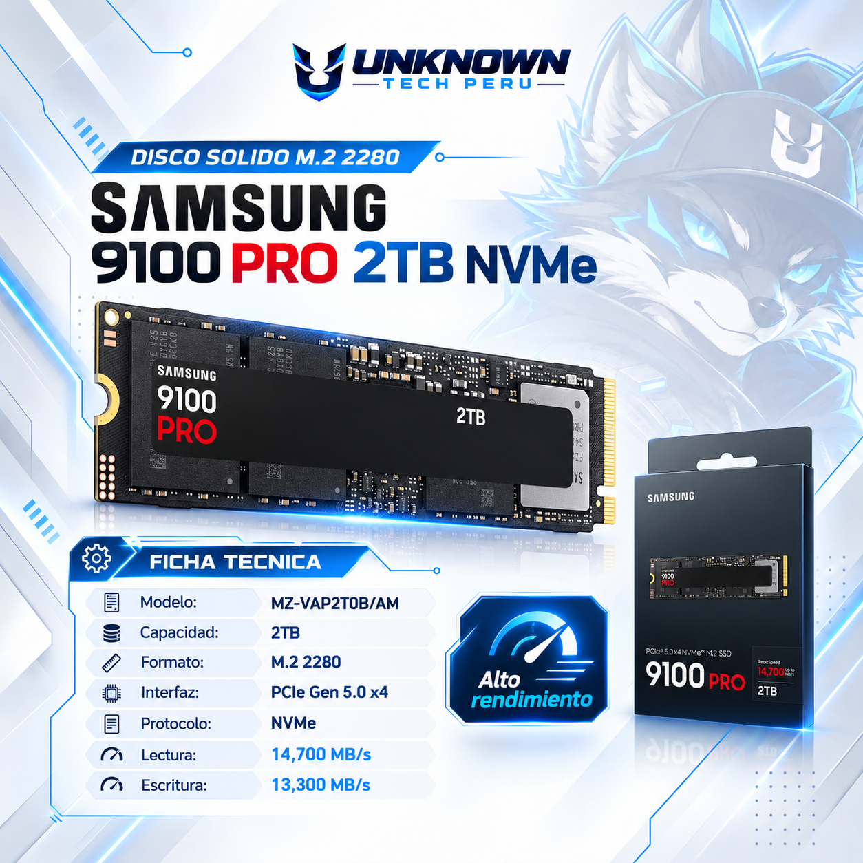 DISCO SOLIDO M.2 2280 SAMSUNG 9100 PRO 2TB NVMe ( MZ-VAP2T0B/AM ) | 9100 PRO | LECTURA 14,700MB/s - ESCRITURA 13,300MB/s | PCIe GEN 5.0