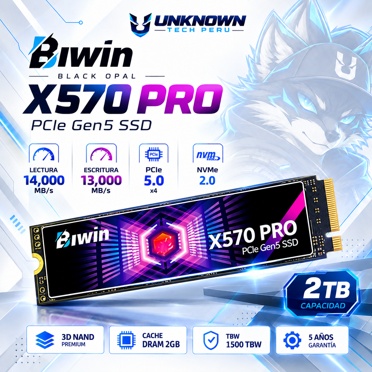 DISCO SOLIDO M.2 2280 BIWIN X570 PRO  2TB NVMe ( BX570DN02TB-RGX ) | X570 PRO | S/ DISIPADOR | LECTURA 1400MB/s - ESCRITURA 13000MB/s | PCIe GEN 5.0