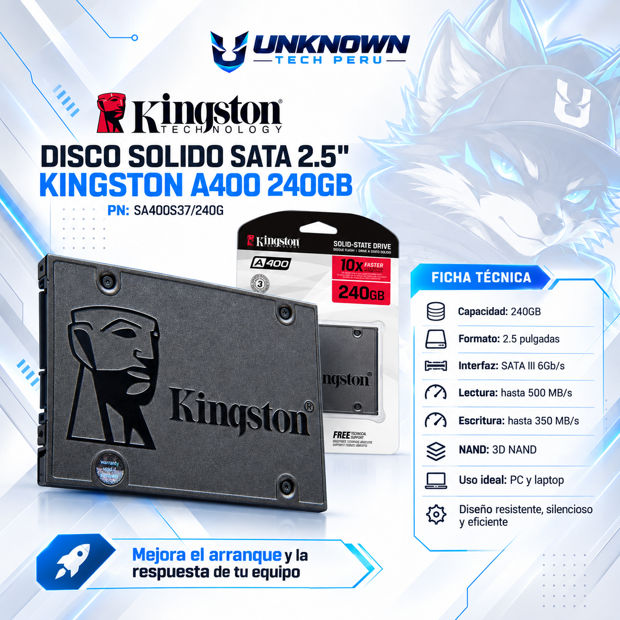 DISCO SOLIDO SATA 2.5" KINGSTON A400 240GB ( SA400S37/240G ) | LECTURA 500 MB/s | ESCRITURA 350 MB/s | 
