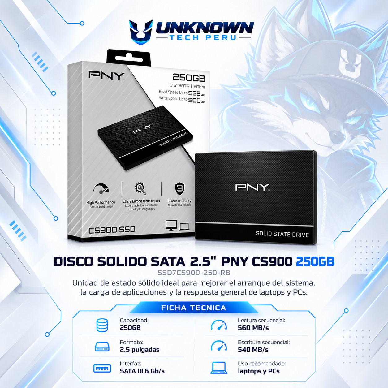 DISCO SOLIDO SATA 2.5"  PNY CS900 250GB ( SSD7CS900-250-RB ) | LECTURA 560 MB/s | ESCRITURA 540 MB/s |