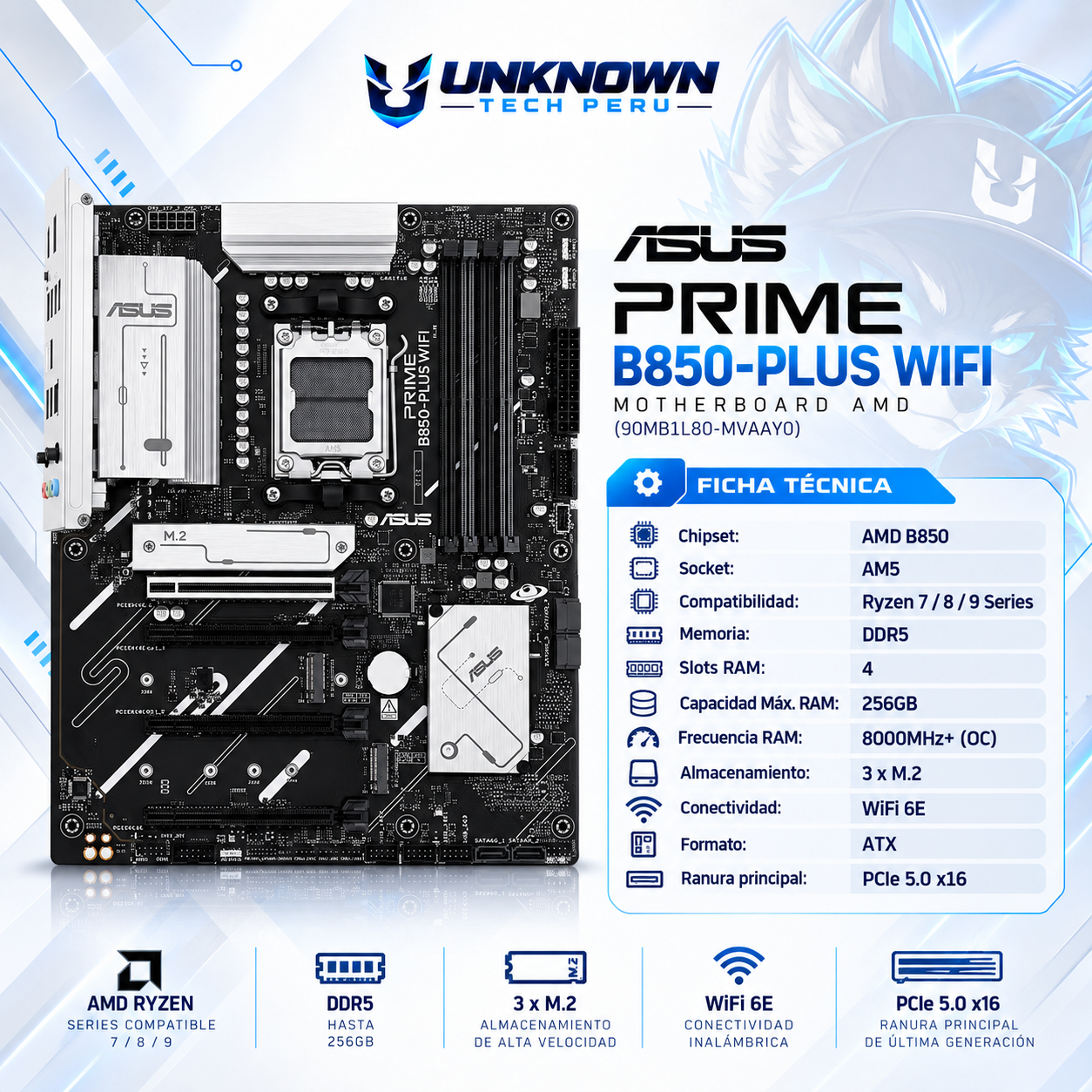 MOTHERBOARD AMD ASUS PRIME B850-PLUS WIFI ( 90MB1L80-MVAAY0 ) | RYZEN 7 / 8 / 9 SERIES | WIFI 6E | DDR5 | 4 SLOT RAM - 256GB MAX / 8000MHZ+ (OC) | 3 SLOT M.2 | ATX | PCIe 5.0 x16 | SOCKET AM5