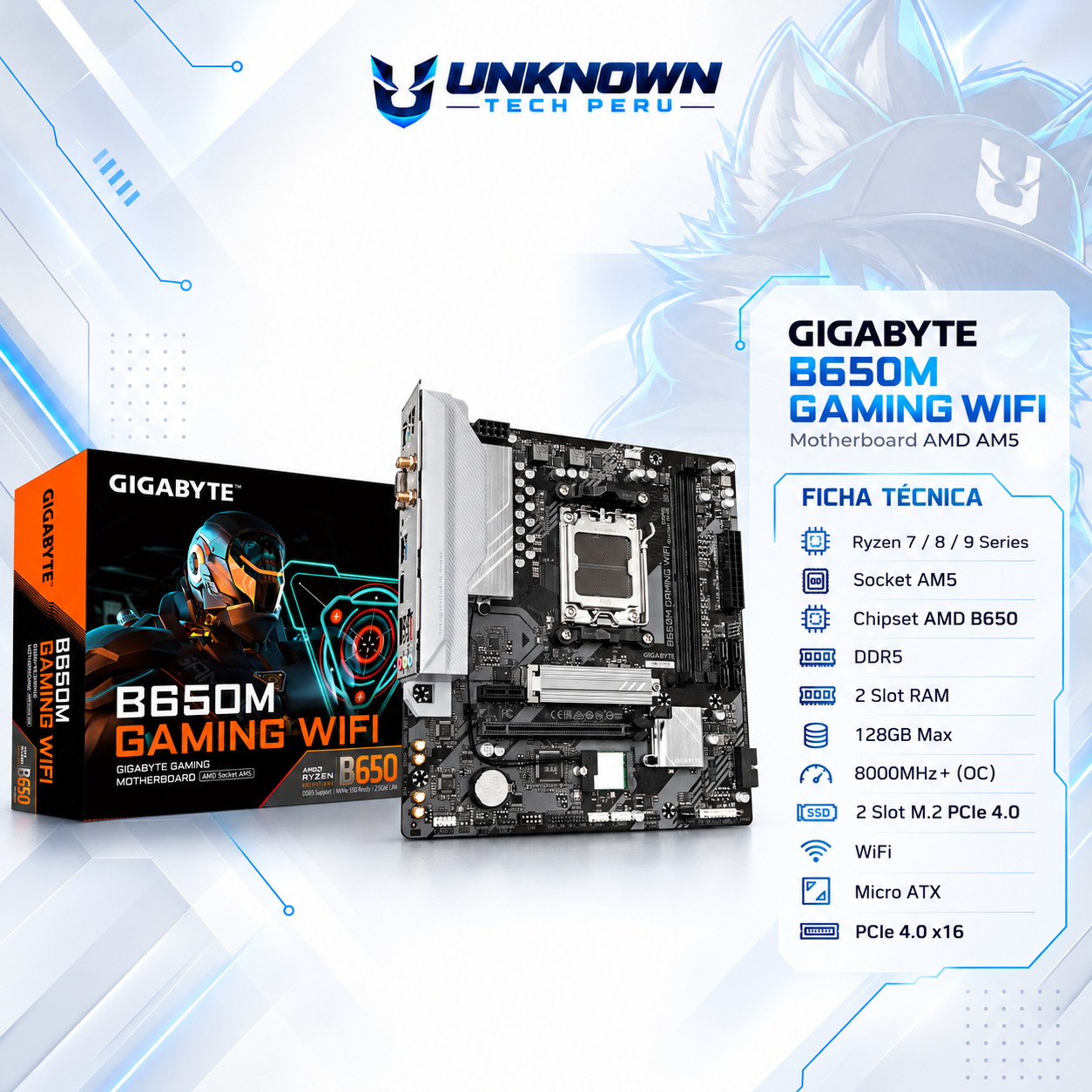 MOTHERBOARD AMD GIGABYTE B650M GAMING WIFI ( B650M GAMING WIFI ) | RYZEN 7 / 8 / 9 SERIES | WIFI | DDR5 | 2 SLOT RAM - 128GB MAX / 8000MHZ+ (OC) | 2 SLOT M.2 PCIe 4.0 | MICRO ATX | PCIe 4.0 x16 | SOCKET AM5