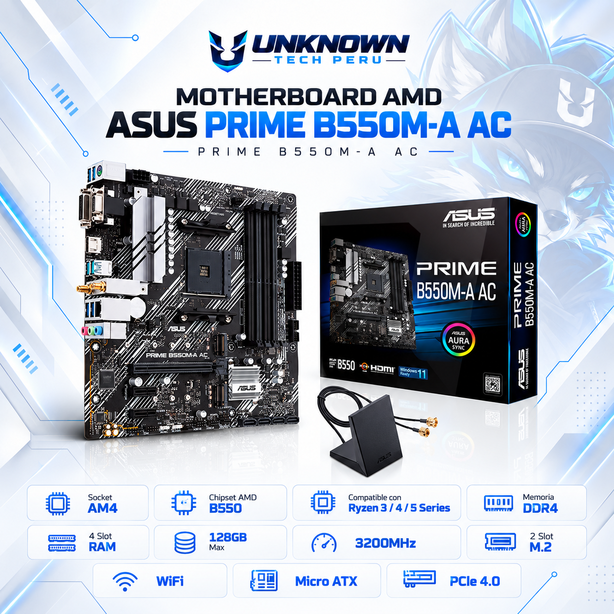 MOTHERBOARD AMD ASUS PRIME B550M-A AC ( PRIME B550M-A AC )  | RYZEN 3 / 4 / 5 SERIES | DDR4 | 4 SLOT RAM - 128GB MAX / 3200MHZ | 2 SLOT M.2 | WIFI | MICRO ATX | PCIe 4.0 | AM4