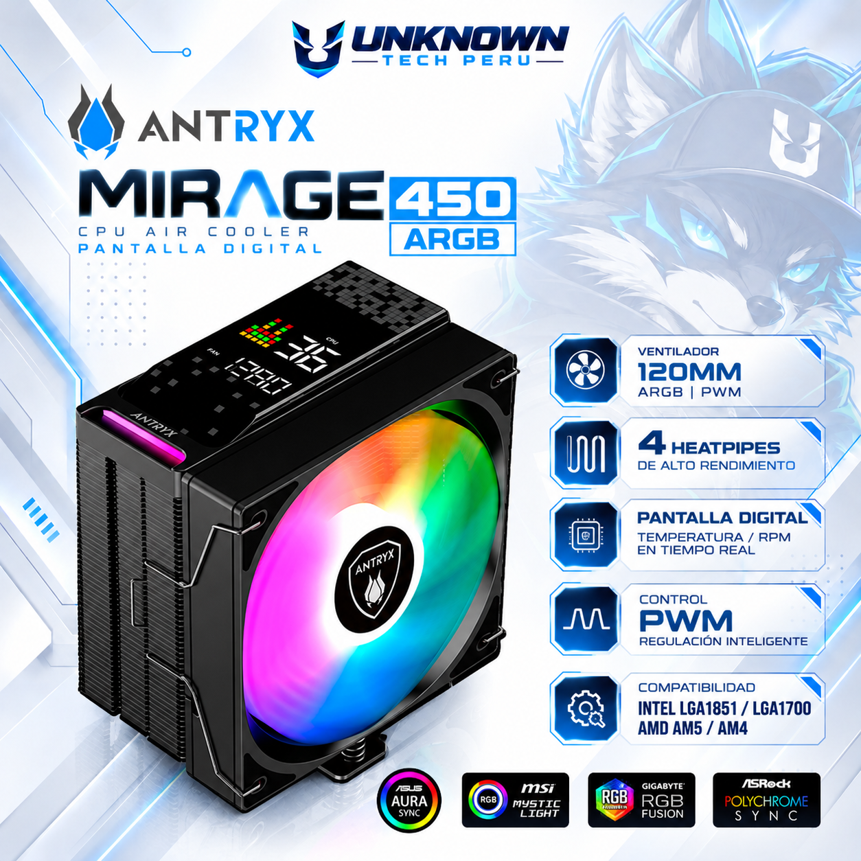 TORRETA DE AIRE ANTRYX MIRAGE 450 ARGB PANTALLA DIGITAL  ( ACC-450 ) | FAN 120MM | 4 HEATPIPES | PWM | INTEL LGA1851 / LGA1700 | AMD AM5 / AM4