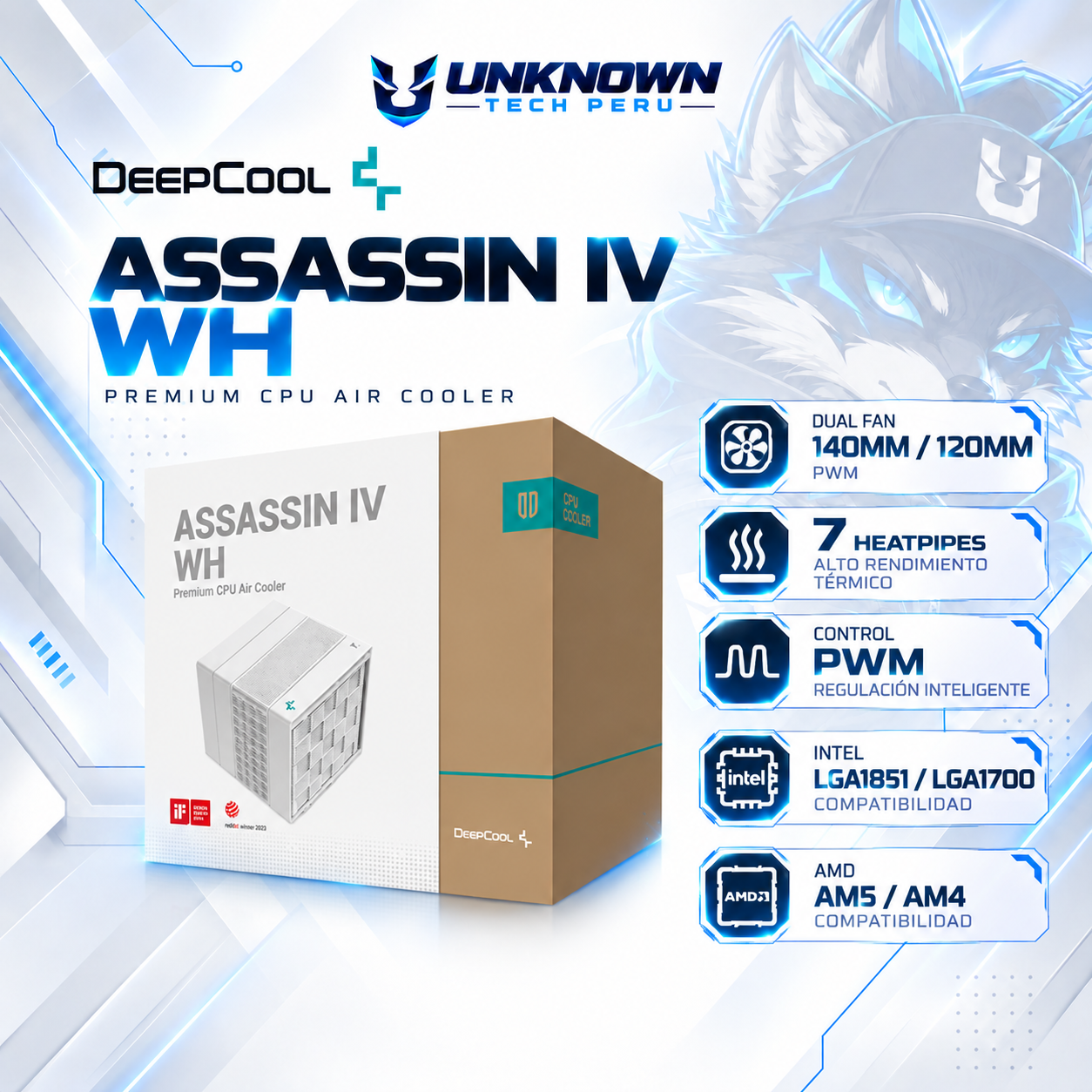 TORRETA DE AIRE DEEPCOOL ASSASSIN IV WH ( R-ASN4-WHNNMT-G ) | DUAL FAN 140MM / 120MM | 7 HEATPIPES | PWM | INTEL LGA1851 / LGA1700 | AMD AM5 / AM4