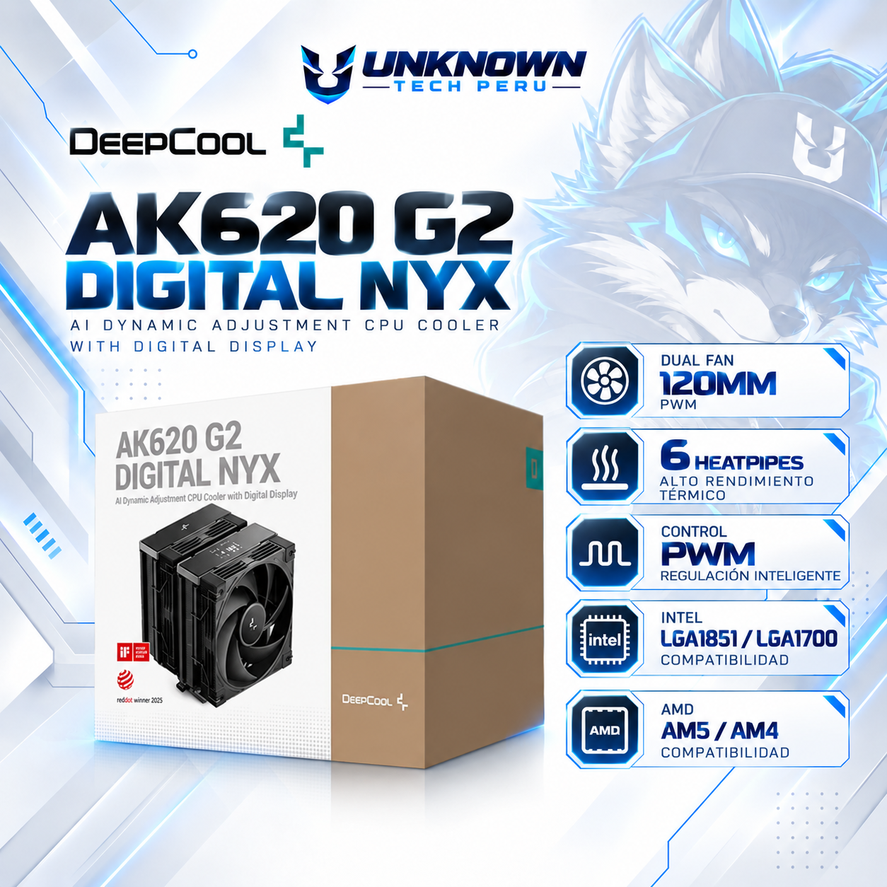 TORRETA DE AIRE DEEPCOOL AK620 G2 DIGITAL NYX BK ( R-AK620G2-BKNNMN-GJD-1 ) | DUAL FAN 120MM | 6 HEATPIPES | PWM | INTEL LGA1851 / LGA1700 | AMD AM5 / AM4