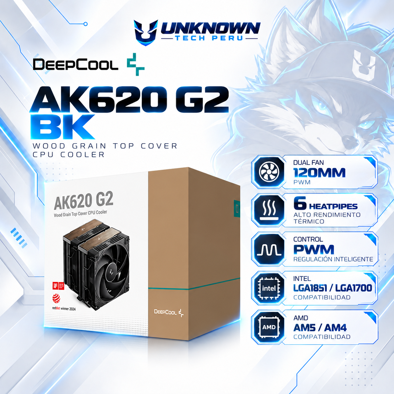 TORRETA DE AIRE DEEPCOOL AK620 G2 BK ( R-AK620G2-BKNNMN-GJD ) | DUAL FAN 120MM | 6 HEATPIPES | PWM | INTEL LGA1851 / LGA1700 | AMD AM5 / AM4