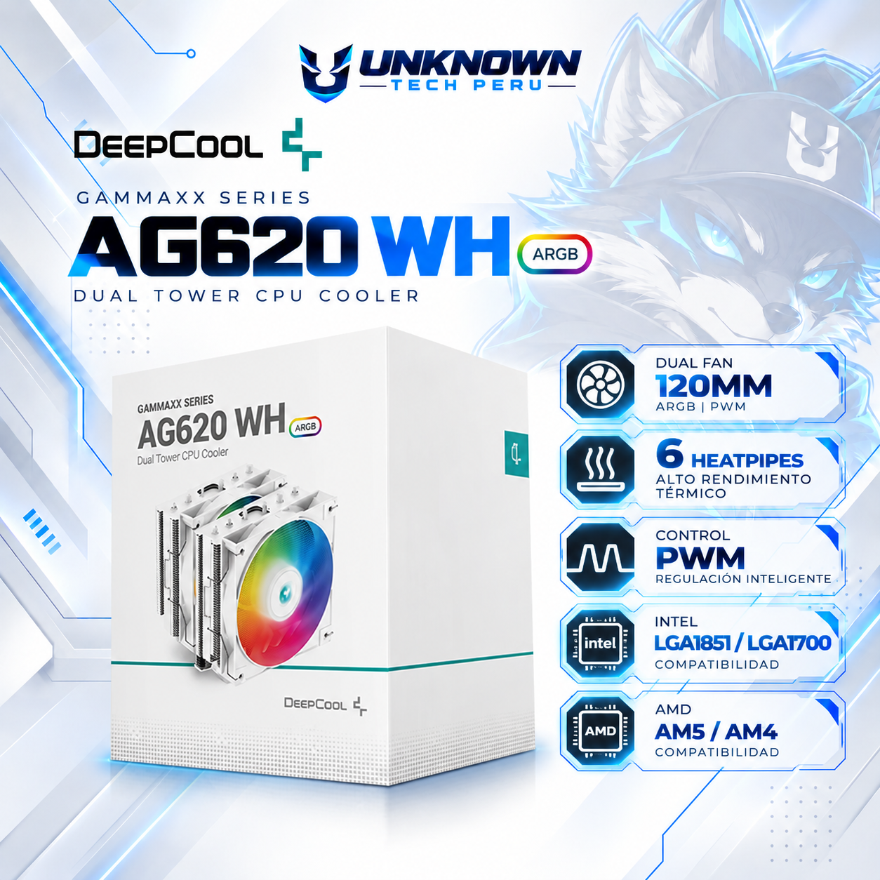 TORRETA DE AIRE DEEPCOOL AG620 WH ARGB ( R-AG620-WHANMN-G-2 ) | DUAL FAN 120MM | 6 HEATPIPES | PWM | INTEL LGA1851 / LGA1700 | AMD AM5 / AM4