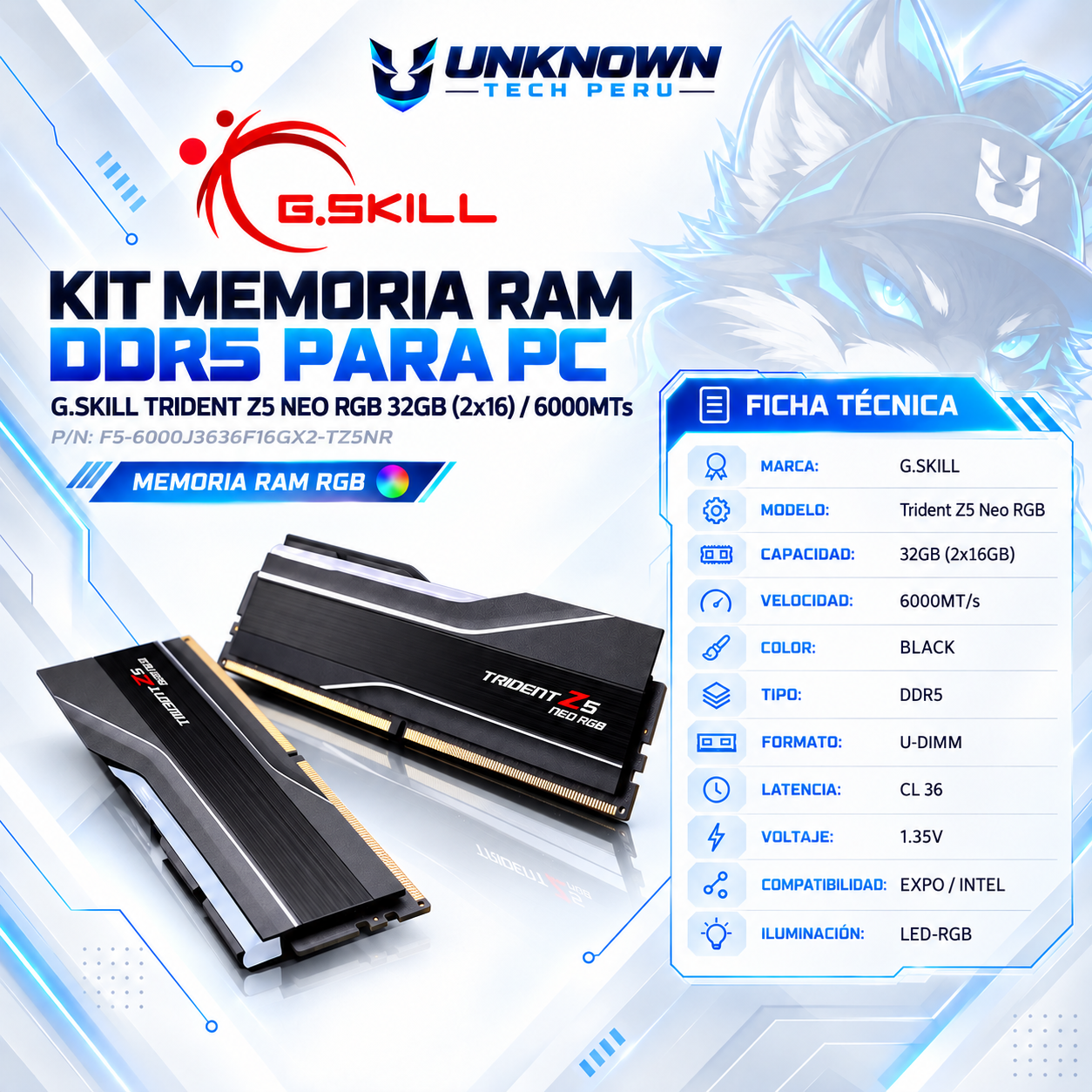 KIT MEMORIA RAM DRR5 PARA PC G.SKILL TRIDENT Z5 NEO RGB 32GB(2x16)/6000MTs ( F5-6000J3636F16GX2-TZ5NR ) | BLACK | DDR5 | U-DIMM | CL 36 | 1.35v | EXPO / INTEL | LED-RGB