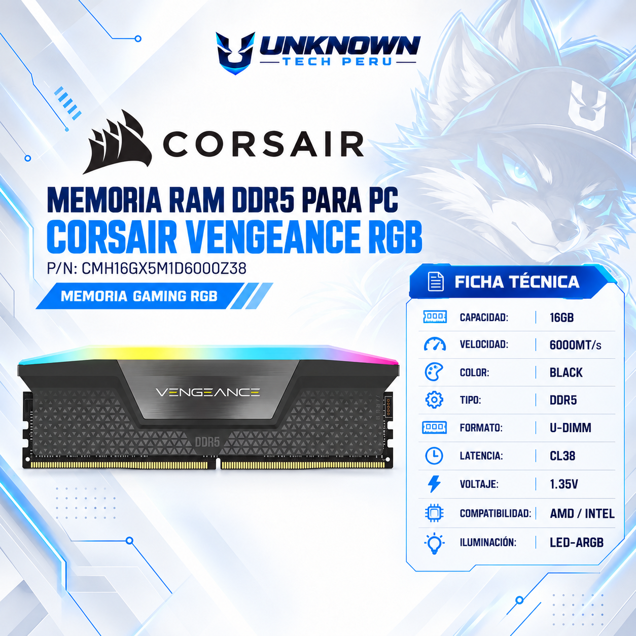 MEMORIA RAM DDR5 PARA PC CORSAIR VENGEANCE RGB 16GB/6000MTs ( CMH16GX5M1D6000Z38 ) | BLACK | DDR5 | U-DIMM | CL38 | 1.35v | AMD / INTEL | LED-ARGB