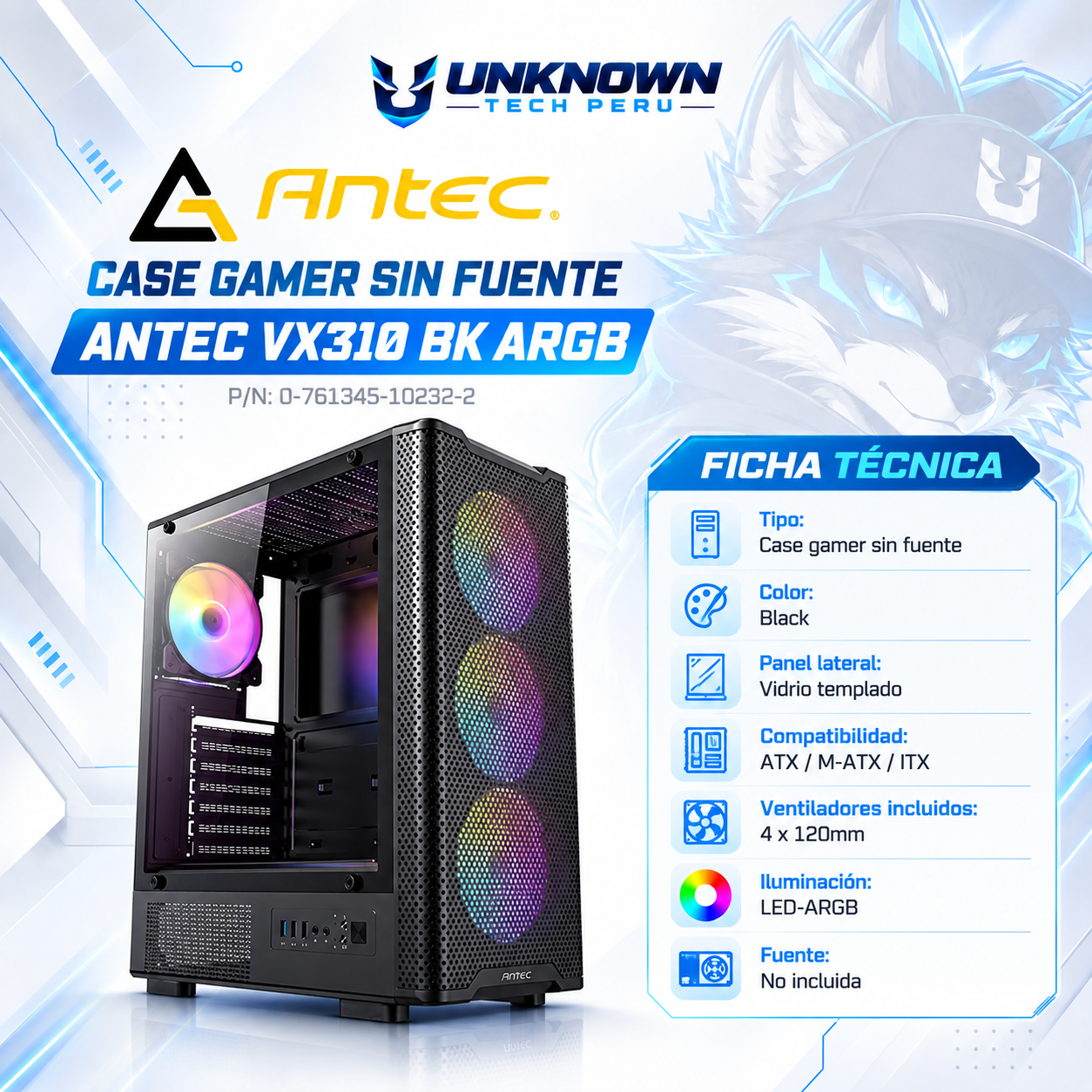 CASE GAMER SIN FUENTE ANTEC VX310 BK ARGB ( 0-761345-10232-2 ) | BLACK | VIDRIO TEMPLADO | ATX / M-ATX / ITX | 4 FAN 120MM ARGB | AIO 240MM SUPERIOR | LED-ARGB