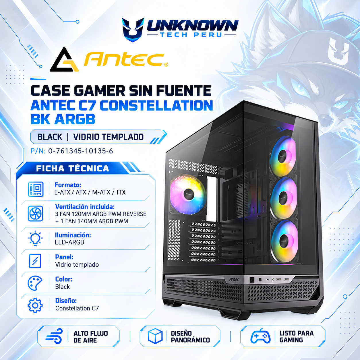 CASE GAMER SIN FUENTE ANTEC C7 CONSTELLATION BK ARGB ( 0-761345-10135-6 ) | BLACK | VIDRIO TEMPLADO PANORÁMICO 270° | E-ATX / ATX / M-ATX / ITX | BACK-CONNECT | 3 FAN 120MM ARGB PWM REVERSE + 1 FAN 140MM ARGB PWM | AIO 360MM SUPERIOR / LATERAL | LED-ARGB