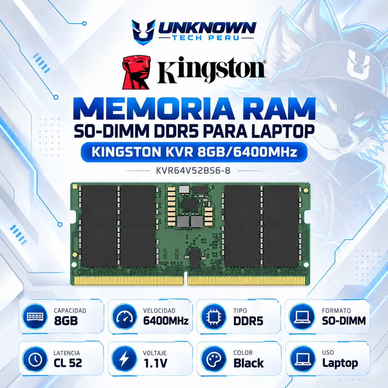 MEMORIA RAM SO-DIMM DRR5 PARA LAPTOP KINGSTON KVR 8GB/6400MHz ( KVR64V52BS6-8 ) | BLACK | DDR5 | SO-DIMM | CL 52 | 1.1v | 