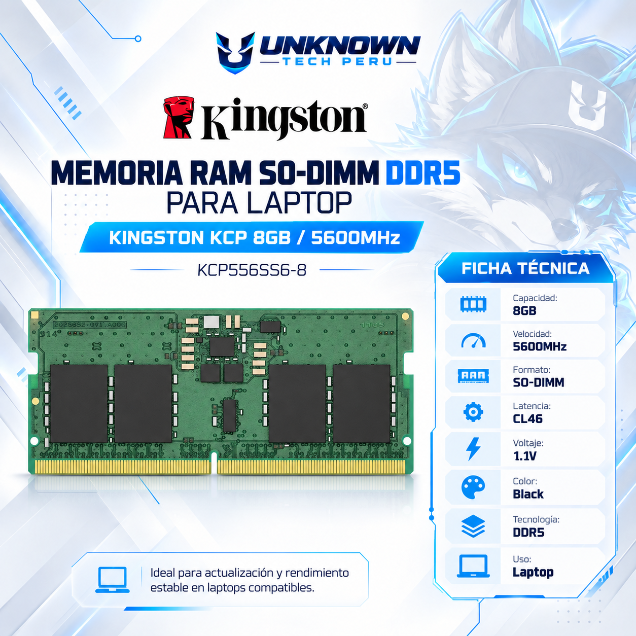 MEMORIA RAM SO-DIMM DRR5 PARA LAPTOP KINGSTON KCP 8GB/5600MHz ( KCP556SS6-8 ) | BLACK | DDR5 | SO-DIMM | CL 46 | 1.1v | 