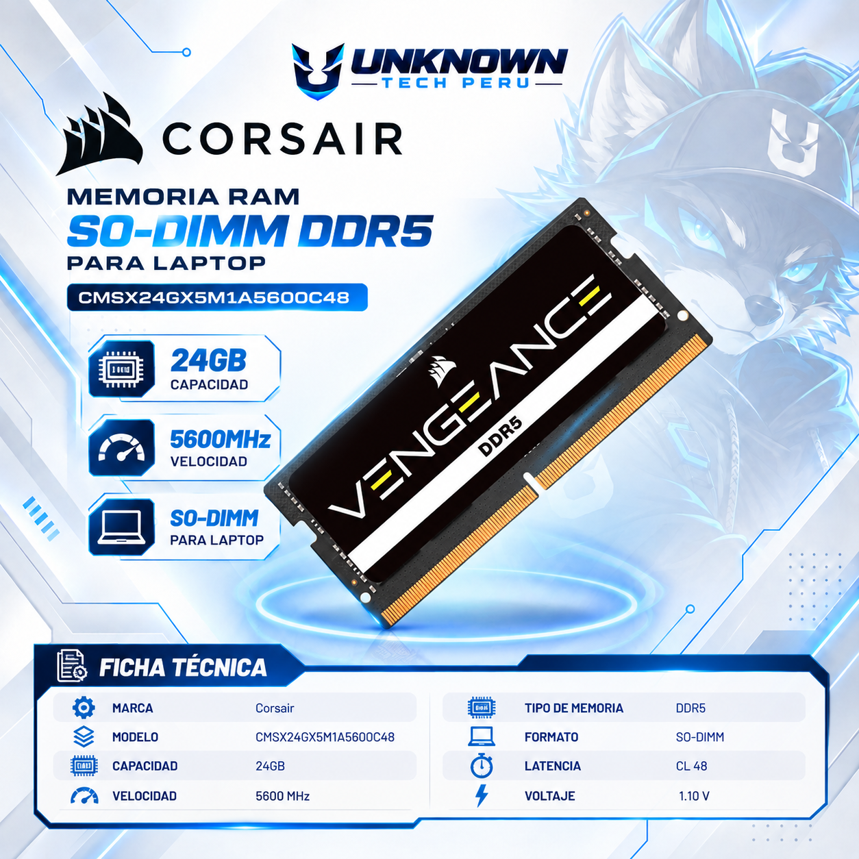 MEMORIA RAM SO-DIMM DRR5 PARA LAPTOP CORSAIR 24GB/5600MHz ( CMSX24GX5M1A5600C48 ) | BLACK | DDR5 | SO-DIMM | CL 48 | 1.10v | 
