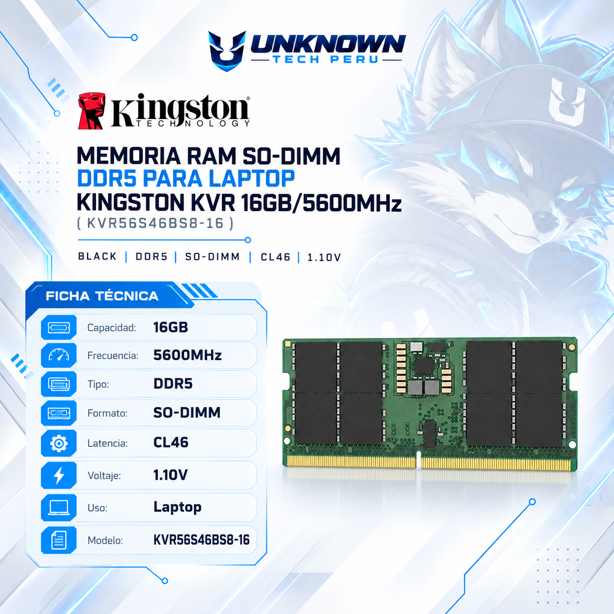 MEMORIA RAM SO-DIMM DRR5 PARA LAPTOP KINGSTON KVR 16GB/5600MHz ( KVR56S46BS8-16 ) | BLACK | DDR5 | SO-DIMM | CL46 | 1.10v | 