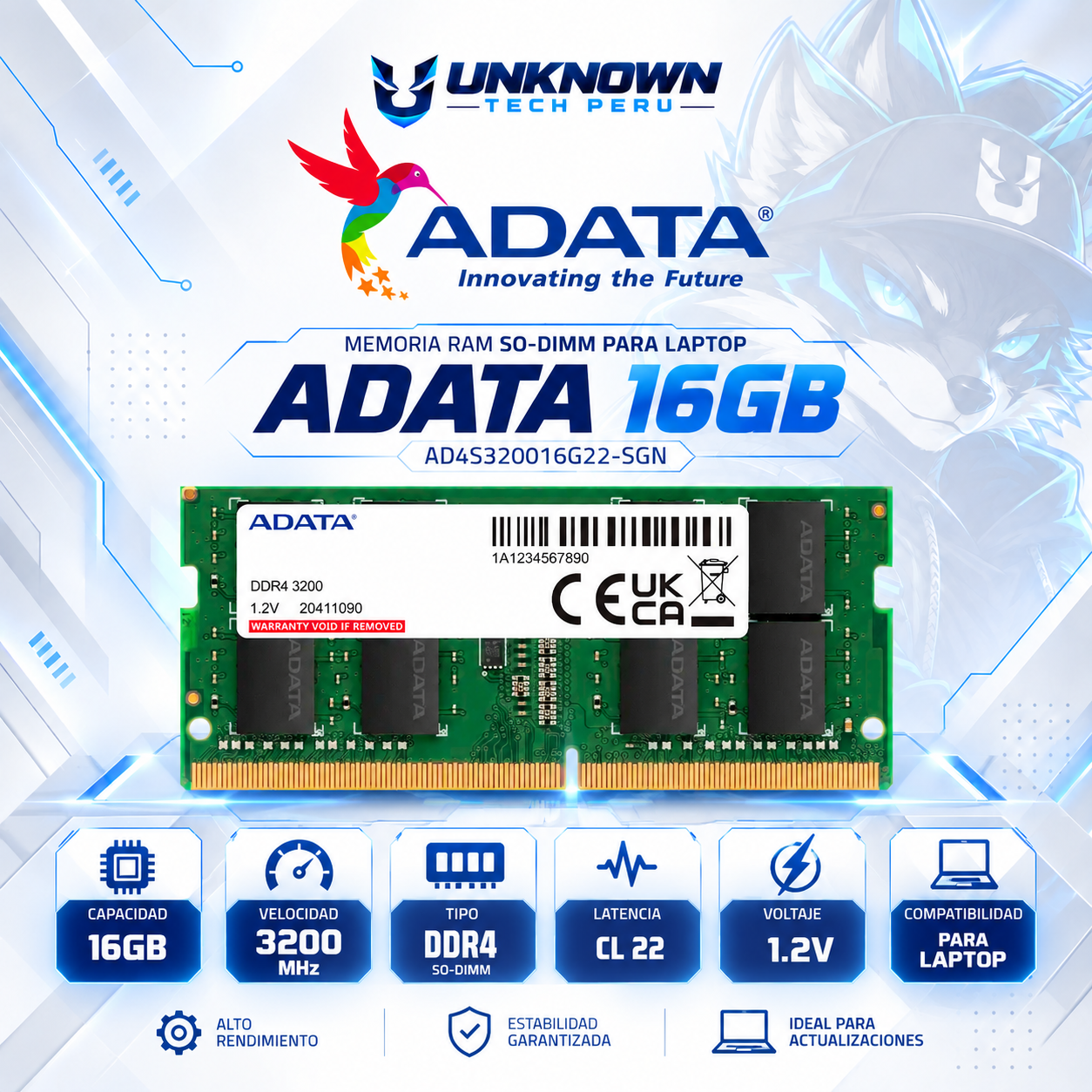 MEMORIA RAM SO-DIMM DRR4 PARA LAPTOP ADATA 16GB/3200MHz ( AD4S320016G22-SGN ) | GREEN | DDR4 | SO-DIMM | CL 22 | 1.2v | 