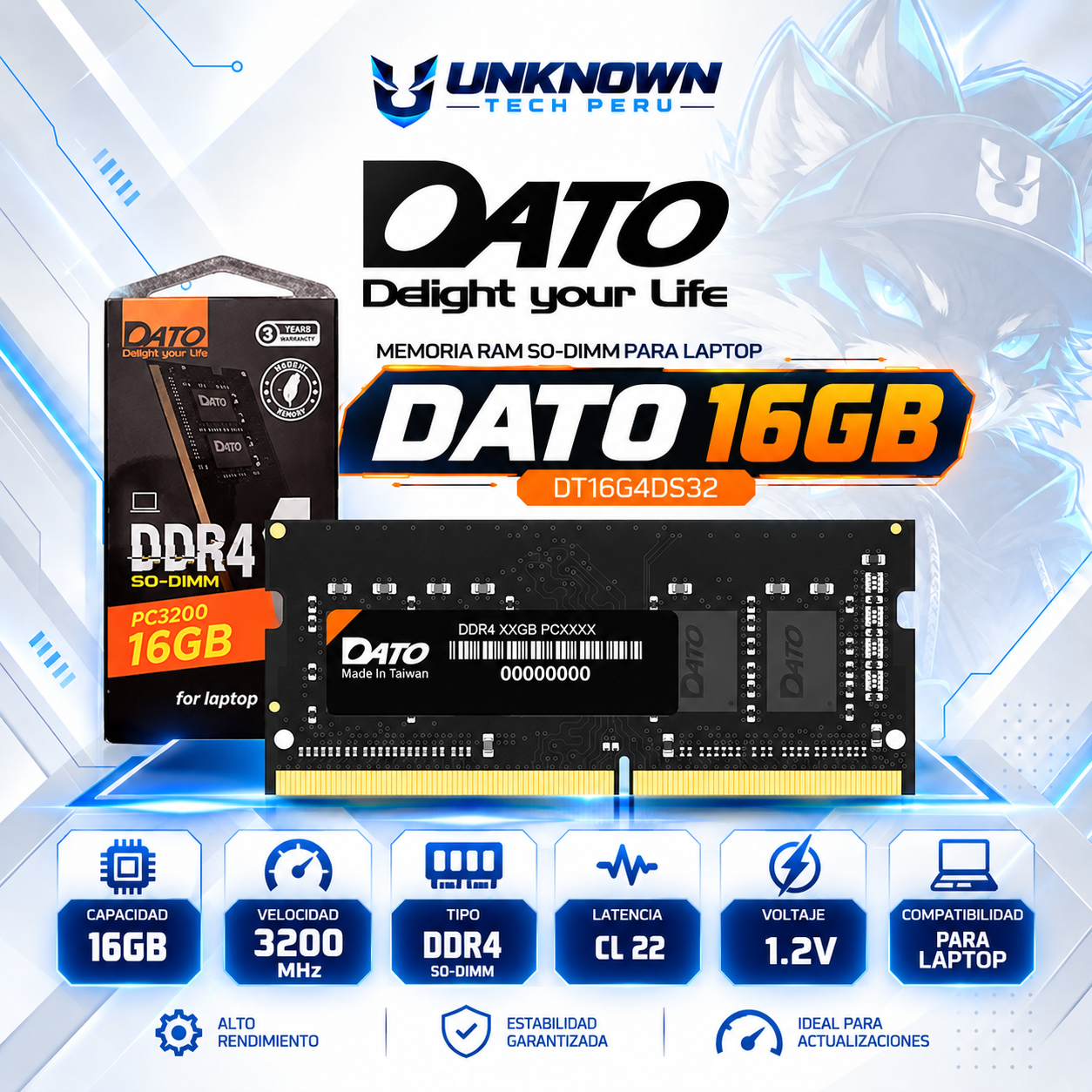 MEMORIA RAM SO-DIMM DRR4 PARA LAPTOP DATO 16GB/3200MHz ( DT16G4DS32 ) | BLACK | DDR4 | SO-DIMM | CL 22 | 1.2v | 