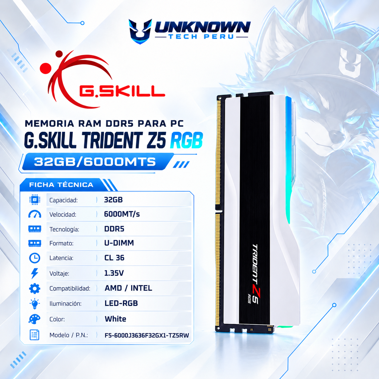 MEMORIA RAM DRR5 PARA PC G.SKILL TRIDENT Z5 RGB 32GB/6000MTs ( F5-6000J3636F32GX1-TZ5RW ) | WHITE | DDR5 | U-DIMM | CL 36 | 1.35v | AMD / INTEL | LED-RGB
