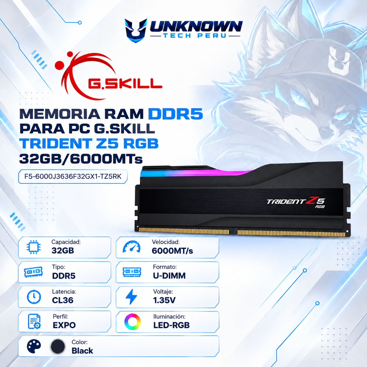 MEMORIA RAM DRR5 PARA PC G.SKILL TRIDENT Z5 RGB 32GB/6000MTs ( F5-6000J3636F32GX1-TZ5RK ) | BLACK | DDR5 | U-DIMM | CL 36 | 1.35v | EXPO | LED-RGB