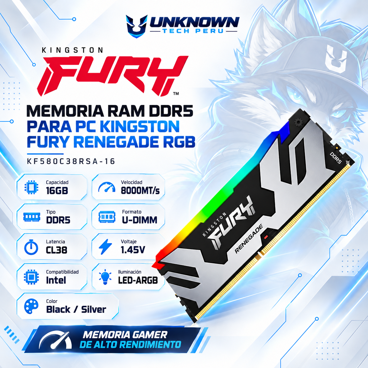 MEMORIA RAM DRR5 PARA PC KINGSTON FURY RENEGADE RGB 16GB/8000MTs ( KF580C38RSA-16 ) | BLACK/SILVER | DDR5 | U-DIMM | CL 38 | 1.45v | INTEL | LED-ARGB