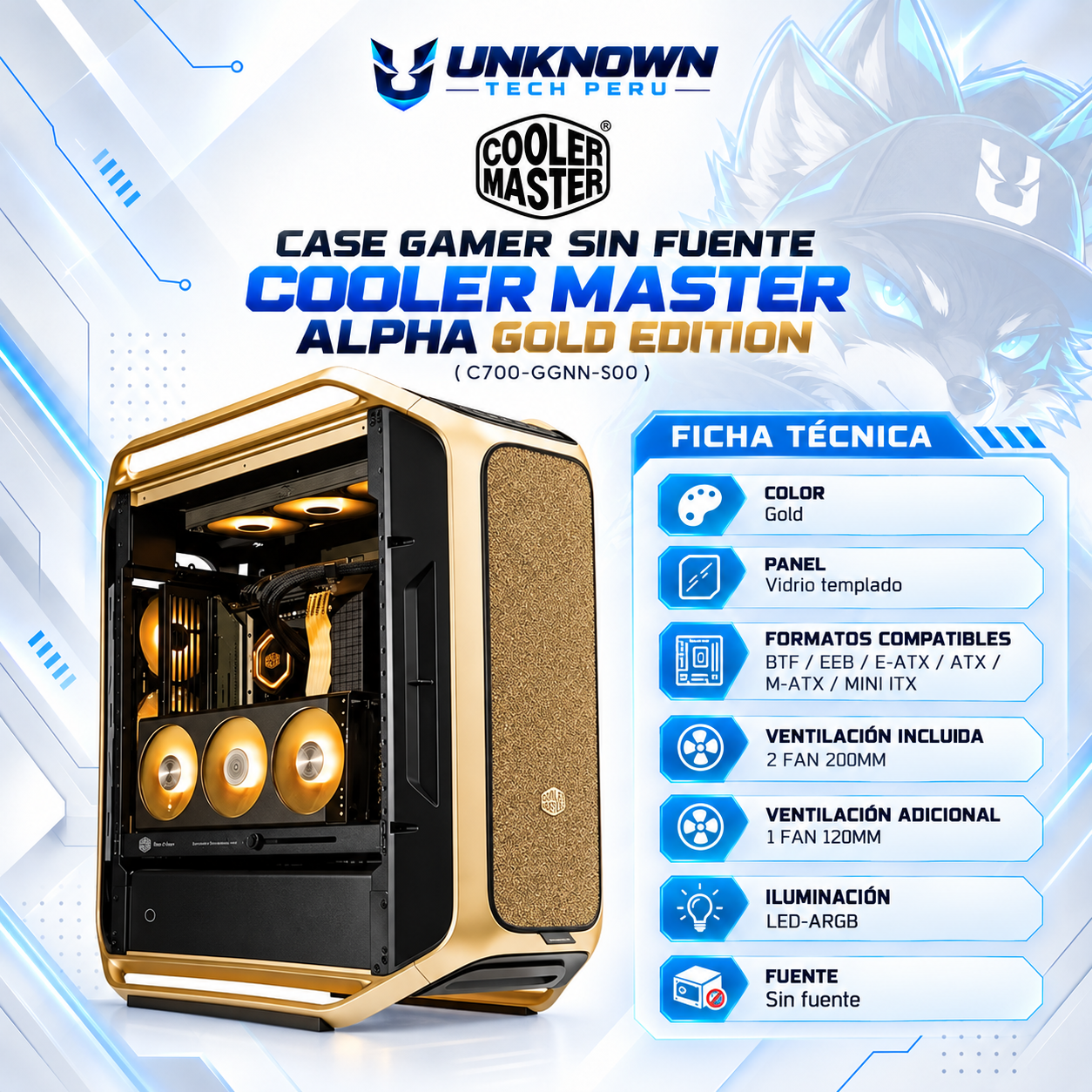 CASE GAMER SIN FUENTE COOLER MASTER COSMOS ALPHA GOLD EDITION ( C700-GGNN-S00 ) | GOLD | VIDRIO TEMPLADO | EEB / E-ATX / ATX / M-ATX / MINI-ITX | 2 FAN 200MM + 1 FAN 120MM | AIO 360MM SUPERIOR / LATERAL / INFERIOR | LED-ARGB