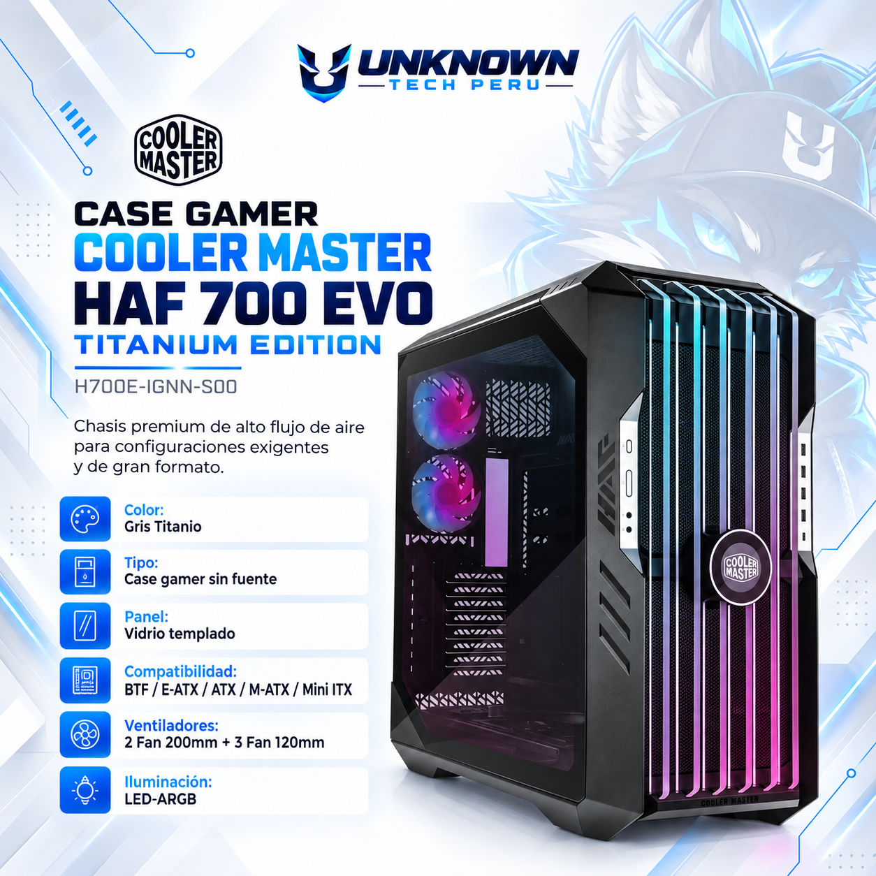 CASE GAMER SIN FUENTE COOLER MASTER HAF 700 EVO ( H700E-IGNN-S00 ) | TITANIUM GREY | VIDRIO TEMPLADO | SSI-EEB / SSI-CEB / E-ATX / ATX / M-ATX / MINI-ITX | 2 FAN 200MM PWM + 3 FAN 120MM ARGB PWM | AIO 360MM SUPERIOR / LATERAL / FRONTAL / INFERIOR | LED-ARGB