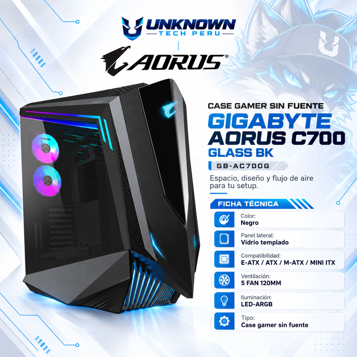 CASE GAMER SIN FUENTE GIGABYTE AORUS C700 GLASS BK ( GB-AC700G ) | BLACK | VIDRIO TEMPLADO | E-ATX / ATX / M-ATX / MINI-ITX | 3 FAN 120MM PWM + 2 FAN 120MM ARGB PWM | AIO 360MM FRONTAL / SUPERIOR | LED-ARGB