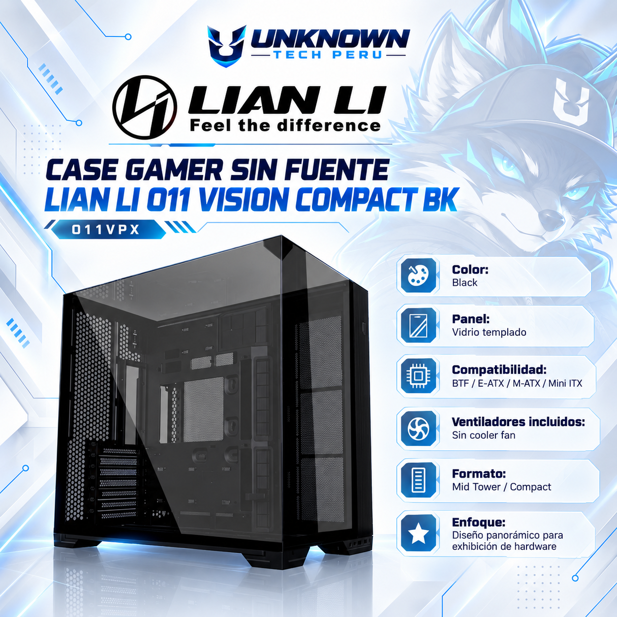 CASE GAMER SIN FUENTE LIAN LI O11 VISION COMPACT BK ( O11VPX ) | BLACK | VIDRIO TEMPLADO | BACK-CONNECT ATX / E-ATX / ATX / M-ATX / MINI-ITX | SIN FAN | AIO 360MM SUPERIOR / LATERAL / INFERIOR